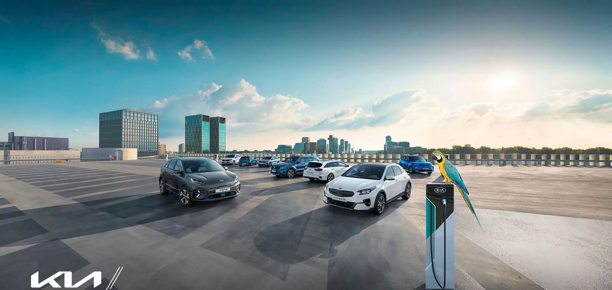 KIA Fahrzeugflotte auf dem Dachparkplatz vor einer Skyline