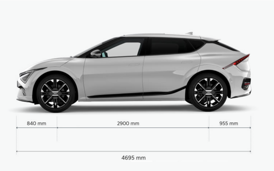 Kia EV6 Seitenansicht mit Maßzeichnung: Länge 4695 mm, Radstand 2900 mm, Überhänge
