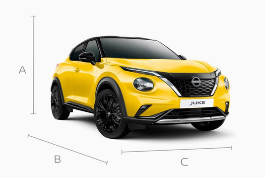 Nissan Juke – Außenmaße mit Bemaßungslinien für Länge, Breite und Höhe