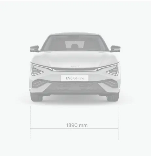 Kia EV6 Frontansicht mit Maßzeichnung: Fahrzeugbreite 1890 mm