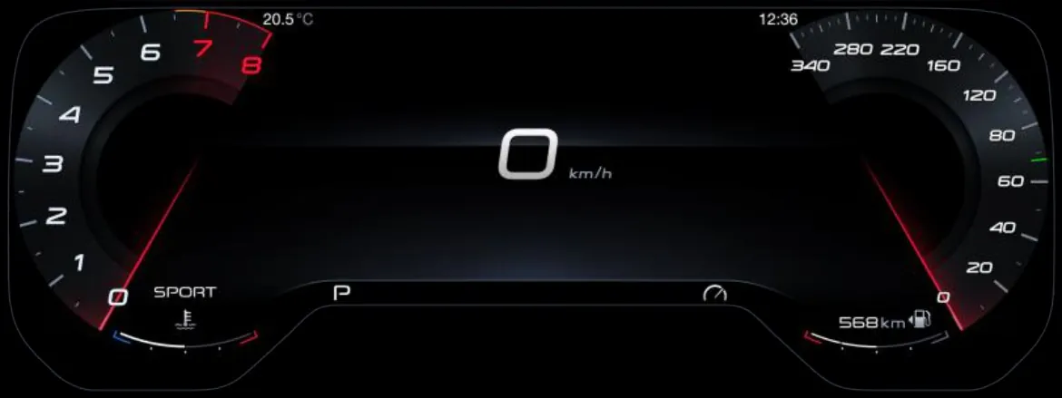 Neue Grafiken im digitalen Kombiinstrument des Maserati Grecale Modelljahr 2027 mit Drehzahlmesser, Tacho und Fahrmodus Sport