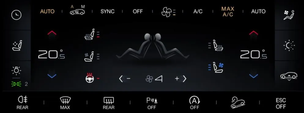 Neues Komfort-Display des Maserati Grecale Modelljahr 2027 mit Bedienung für Klimaanlage, Sitzheizung und Sitzlüftung