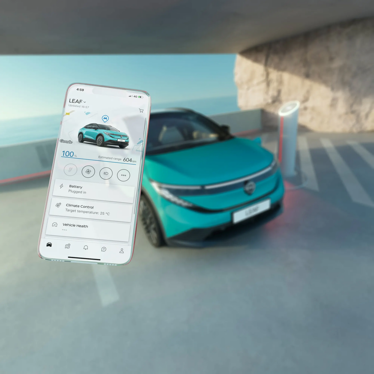 Datenerfassung vom Nissan Leaf via eingeblendetes Smartphonedisplay, mit dem Nissan Leaf im Hintergrund.