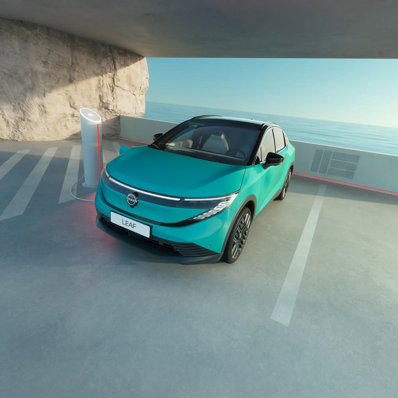 Nissan Leaf parkt vor der einem Meer, mit Felsen im Hintergrund und lädr-