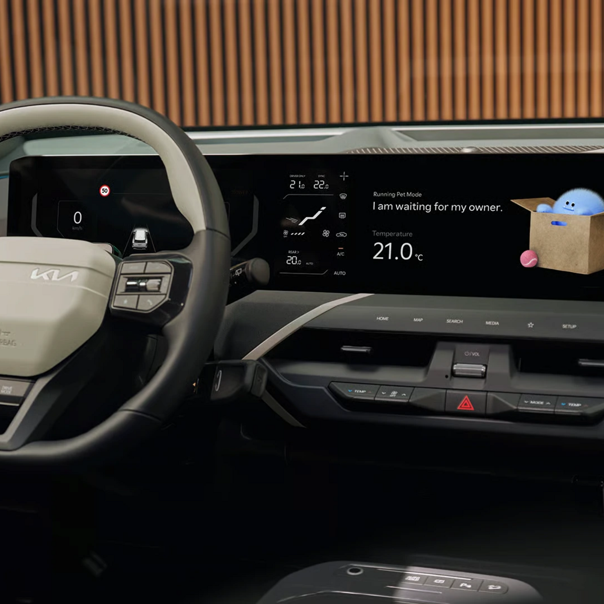Nahansicht vom KIA EV5 Lenkrad und Display