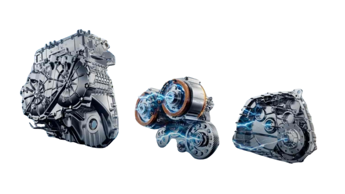 Schema des Super-Hybrid-Systems von Omoda & Jaecoo: Zusammenspiel von Elektromotor, Batterie und Verbrennungsmotor