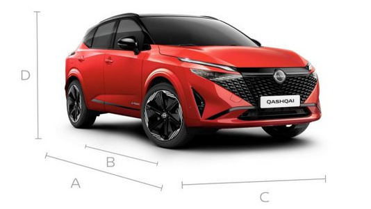 Nissan Qashqai e-POWER N-Design – Außenansicht mit Bemaßungslinien für Gesamtlänge, Radstand, Breite und Höhe